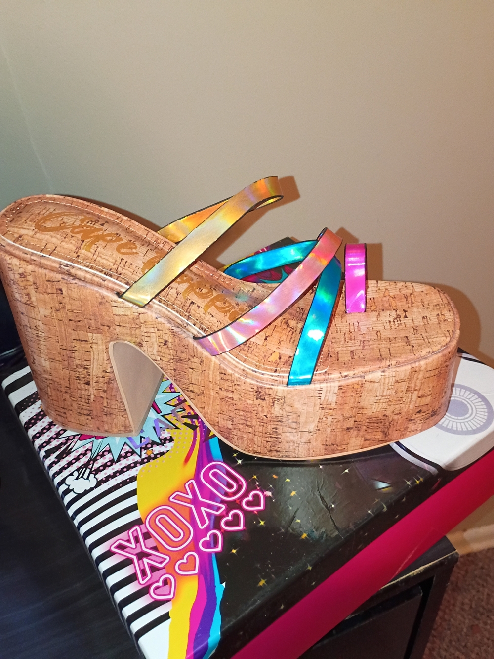 Platform Wedge Sandals with Iridescent Multi-Strap